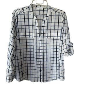 Calvin Klein White Blue check roll tab half buttondown blouse size L